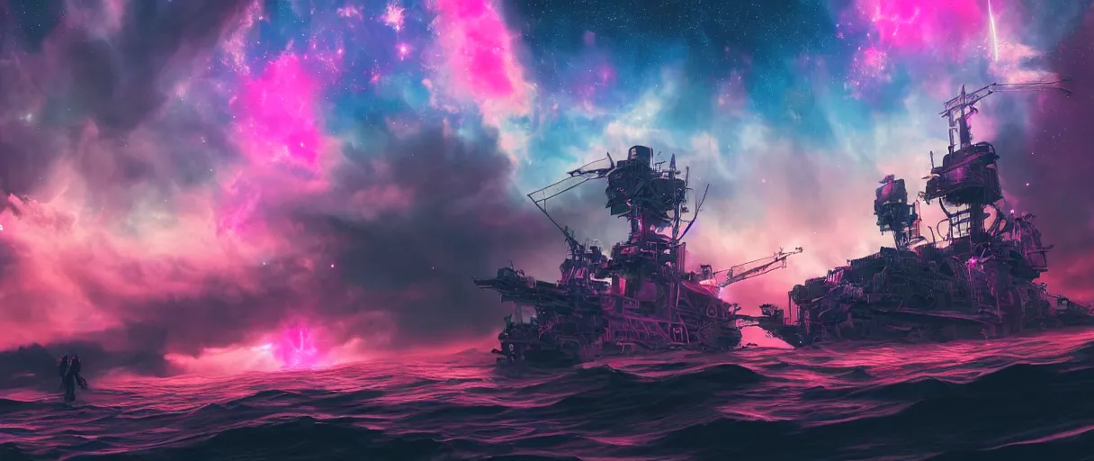 Prompt: space, hyperdetailed illustration, portrait big dark punk, mohawk, stars, pink, neon, oil painting, rich deep colors masterpiece, pirate neon ship, ultra detailed, contrast, heaven pink, clouds, volumetric light, atmospheric lighting, dramatic, cinematic, moody, octane render 4 k, 8 k