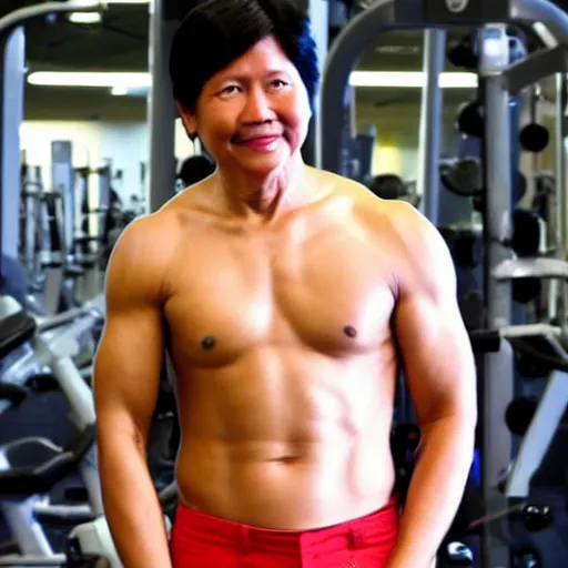 Image similar to bongbong marcos as gigachad flexing at the gym, muscular, on steroids,