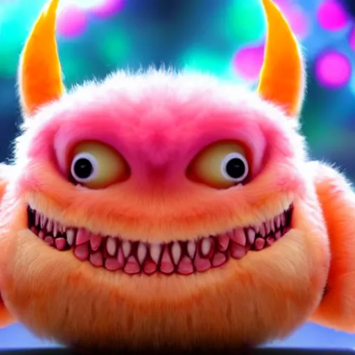 Image similar to an alien with a face that looks like a fuzzy peach the peach is fuzzy pink warm and ripe the alien has horns and a mean smile the alien has chicken feet cruel smile, 4k, highly detailed, high quality, amazing, high particle effects, glowing, majestic, soft lighting, detailed background