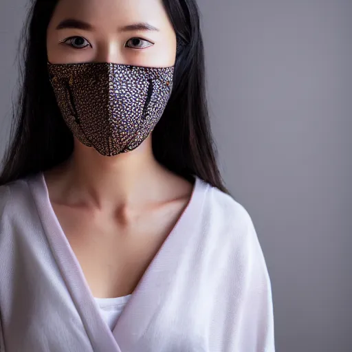 Prompt: japanese female balaclava face mask with golden necklace and kimono, photo portrait, beautiful female model