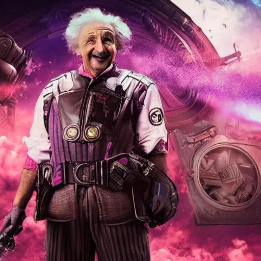 Image similar to albert einstein as willy wonka in gears of war, splash art, movie still, detailed face, photorealistic facial features, cinematic lighting, dramatic, octane render, long lens, shallow depth of field, bokeh, anamorphic lens flare, 8 k, hyper detailed, 3 5 mm film grain