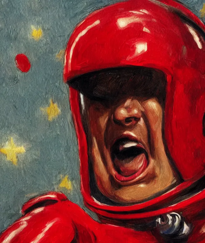 Image similar to a close up portrait painting of a man in a red astronaut suit, screaming and sad, highly detailed, face close up, aesthetic stars in the background, in the style of edward hopper, fine brush strokes, 4 k,