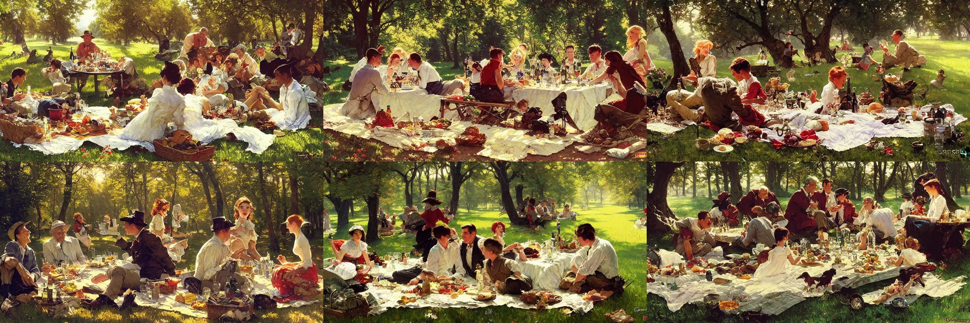 Prompt: The greatest picnic by greg rutkowski, norman rockwell, thomas kinkade, loish, alphonse mucha