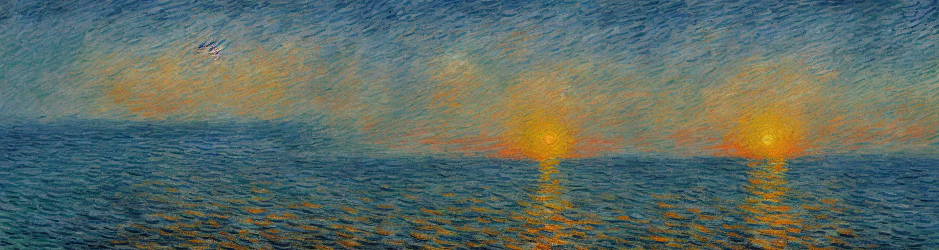 Image similar to An aesthetically pleasing, dynamic, energetic, lively, well-designed digital art of the ocean at sunset, light and shadow, by Claude Monet and Vincent Van Gogh, superior quality, masterpiece, excellent use of negative space. 8K, superior detail.