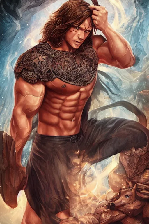 Image similar to muscular sam winchester as a mage tattooed in the cover of an acotar book, sarah j. maas, d & d!, fantasy style, sharp focus!, ultra detailed, art by artgerm, wlop, ilya kuvshinov