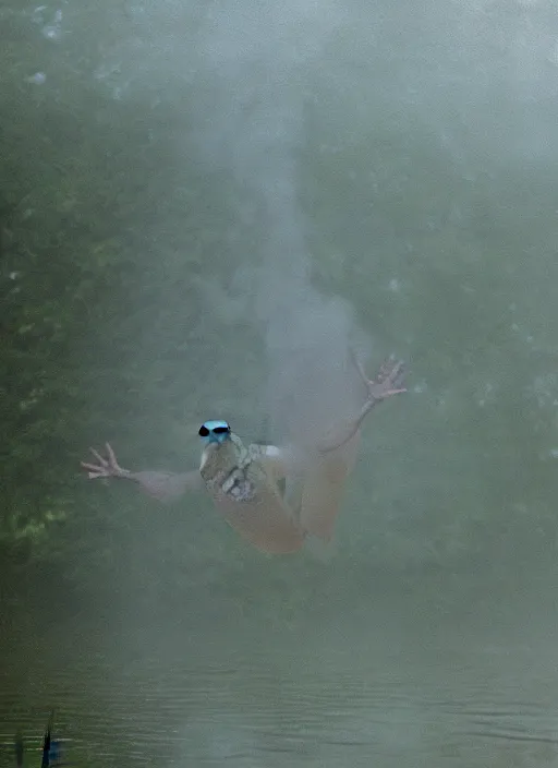 Image similar to semi translucent smiling frog amphibian hovering over misty lake in Jesus Christ pose, cinematic shot by Andrei Tarkovsky, paranormal, spiritual, mystical