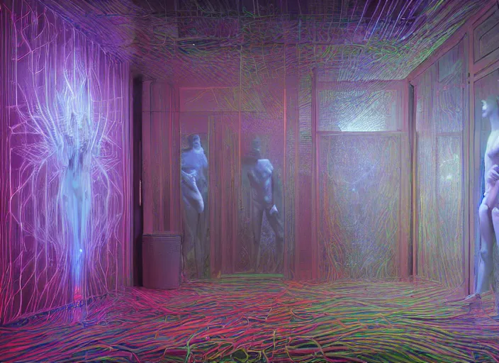 Image similar to a room made out of mirrors, neon, RGB, glowing wires everywhere, pristine, by Edgar Maxence and Ross Tran, Zdzisław Beksiński, and Michael Whelan, distant, gustav dore, H.R. Giger, 8k, octane render