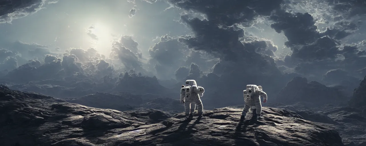 Image similar to one astronaut on the moon, beautiful dynamic lighting, cinematic, wide angle establishing shot, extremely high detail, photo realistic, cinematic lighting, post processed, concept art, artstation, matte painting, style by frederic church, raphael lacoste, unreal engine 8 k