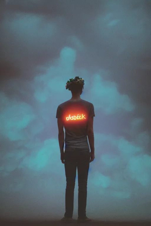 Image similar to kodak portra 4 0 0 photograph of a skinny guy looking into a otherworldly portal, flower crown, back view, vaporwave colors, grain, moody lighting, moody aesthetic,