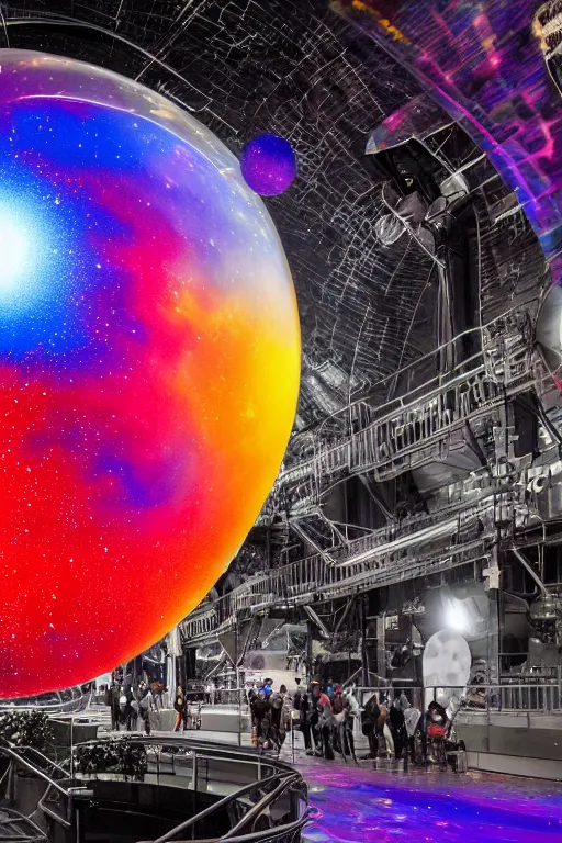 Image similar to public art installation about liquid planet in space. projected on single big suspended sphere inside giant and dark printworks london venue. generative visuals. interactive art. piano live music concert stage design