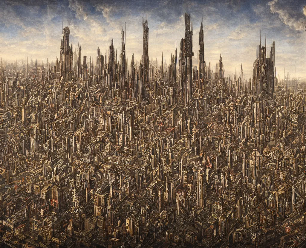 Image similar to a megalopolis in the style of Dystopian gothic surrealism painting