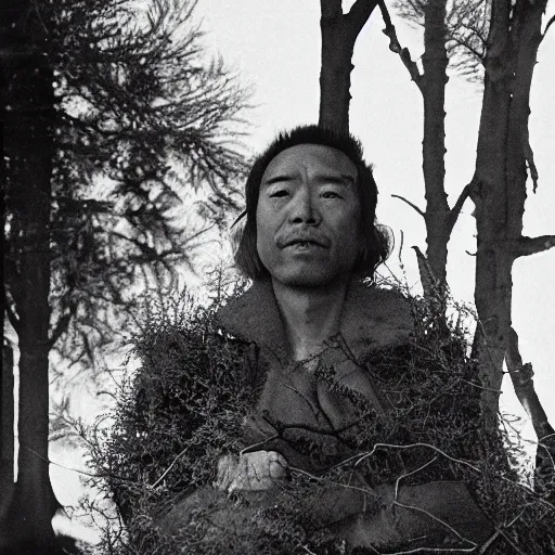 Image similar to a wide full shot, russian and japanese mix 1 9 8 0 s historical fantasy of a photograph taken of the guardian priest'plants and trees, photographic portrait, high - key lighting, warm lighting, overcast flat midday sunlight, 1 9 8 2 life magazine photograph, photojournalism from the new york times.