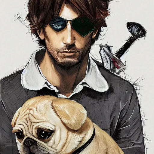 Image similar to self portrait, young white hispanic handsome man with short light brown hair and light skin and a 5 o clock shadow and holding a pug while fighting against 2 swordsmen pencil art, fraction background, psychedelic, added detail, high definiton, colored, backfacing, illustrated by yoji shinkawa