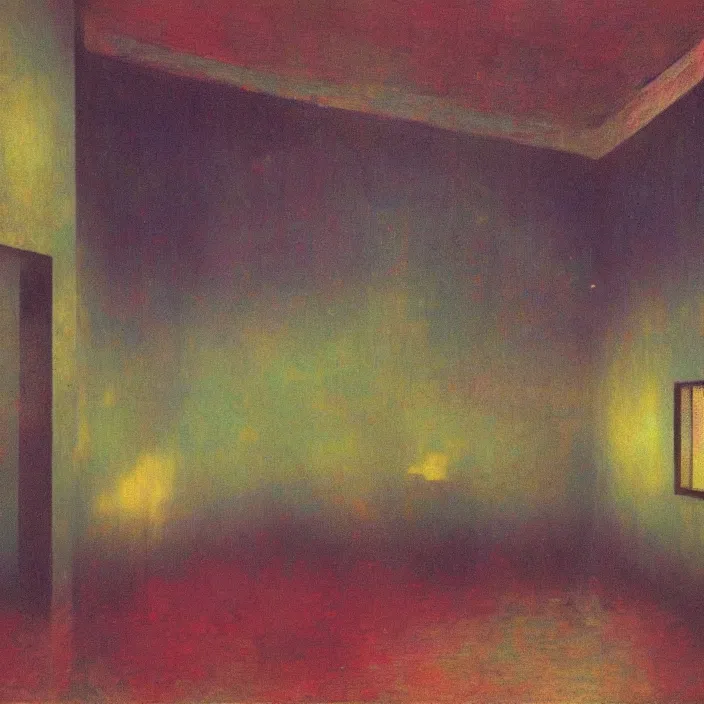 Prompt: interior of a flooded old house. aurora borealis. iridescent, psychedelic colors. painting by hammershoi, balthus, mark rothko, agnes pelton, utamaro, monet