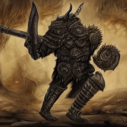 Prompt: detailed fantasy drawing, black furred Minotaur carrying a battle-ax in half plate armor, concept art