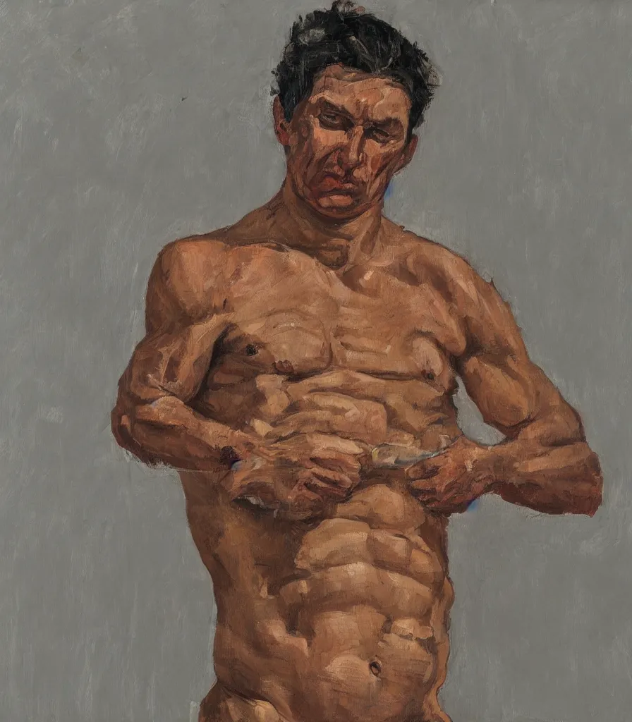 Prompt: medium close shot of a man without shirt in the style of lucian freud self portrait. oil painting, thick brush strokes. gray background. hard light from top. perspective from below. 5 0 mm
