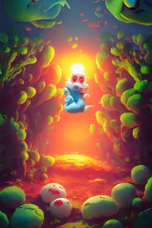 Image similar to smurf ghost creature animal sushi cristal very big eye roots cactus elemental flush of force nature micro world fluo fishscale, behance hd by jesper ejsing, by rhads, makoto shinkai and lois van baarle, ilya kuvshinov, rossdraws radiating a glowing aura global illumination ray tracing hdr