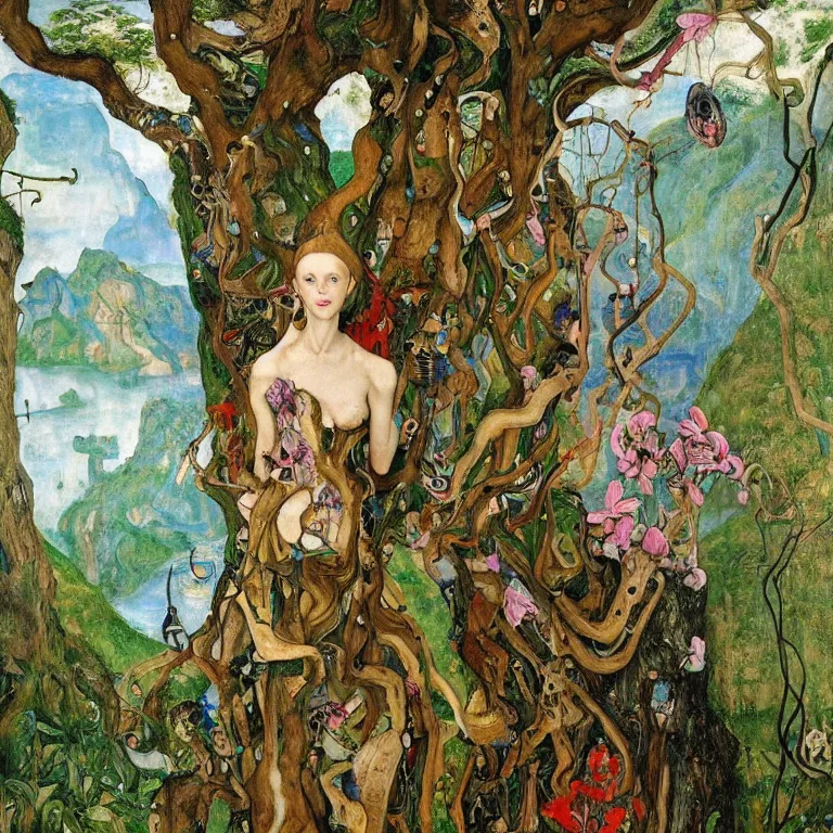 Prompt: a healthy grinning dryad lady, who looks like a cybernetic alien stands pround in the middle of a river valley. around her are tropical birds and orchids. painted by jan van eyck, egon schiele and max ernst, trending on artstation, 8 k, award winning, high octane