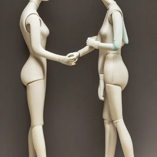 Prompt: two female mannequins kissing and holding hands