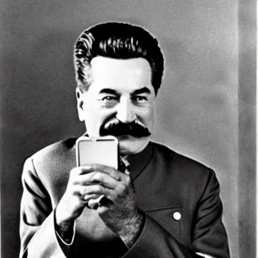 Prompt: Stalin holding an iPhone, studio photography, 1940