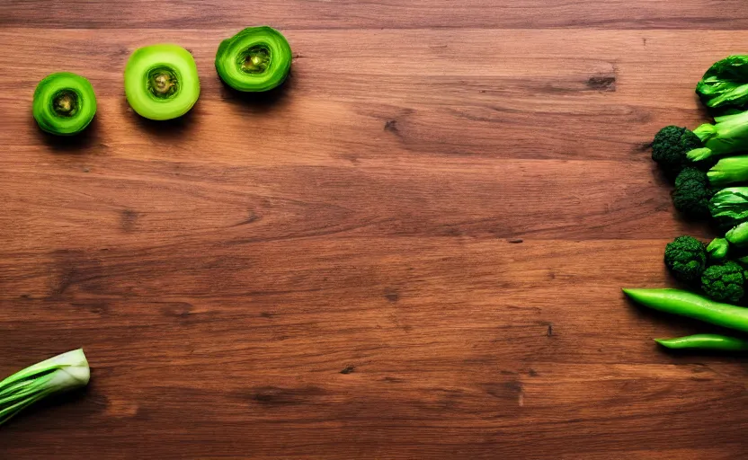 Image similar to top view of vegetables on wooden table, natural light, cinematic lighting, 8 k