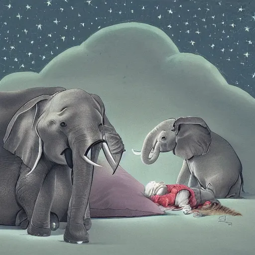 Image similar to two adult elephants and a baby elephant sleeping soundly under a starry sky surrounded by savannah, illustration, detailed, smooth, soft, warm, by Adolf Lachman, Shaun Tan