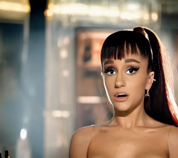 Prompt: a movie still of ariana grande as elvira in the movie scarface 2 0 4 9