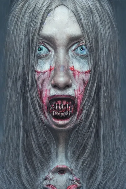 Image similar to crayon cartoon grunge portrait of a creepy horror nurse girl . intricate abstract. intricate artwork. nightmare fuel. terrifying. by zdzisław Beksiński, wlop, dan mumford , trending on artstation, greg rutkowski very coherent symmetrical artwork. cinematic, hyper realism, high detail, octane render, 8k