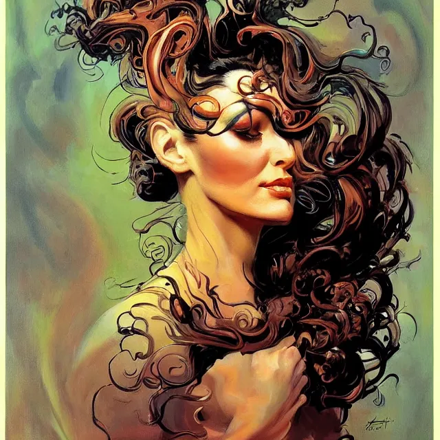 Image similar to portrait of a woman with swirling hair and fractal skin by frank frazetta, retrofuturism, psychedelic art reimagined by industrial light and magic