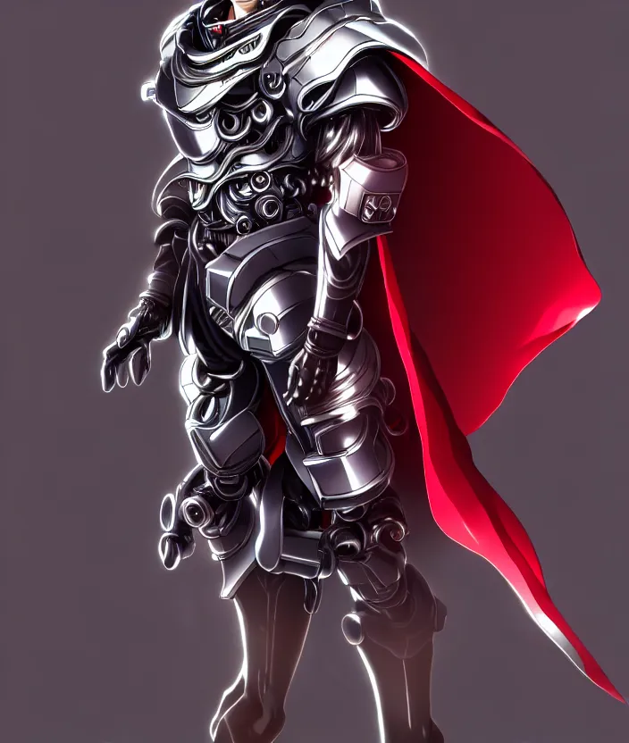 Image similar to a detailed manga illustration character full body portrait of a dark haired silver cyborg anime man who has a red mechanical eye and is wearing a brown cape, trending on artstation, digital art, 4 k resolution, detailed, high quality, sharp focus, hq artwork, insane detail, concept art, character concept, character illustration, full body illustration, cinematic, dramatic lighting