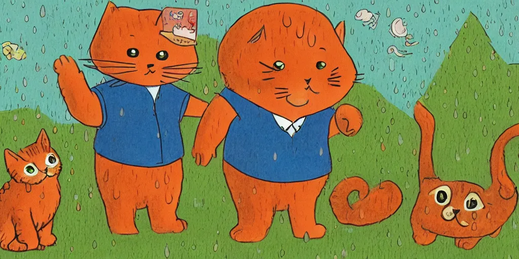 Image similar to a beard man and an orange tabby kitten standing in the rain by richard scarry