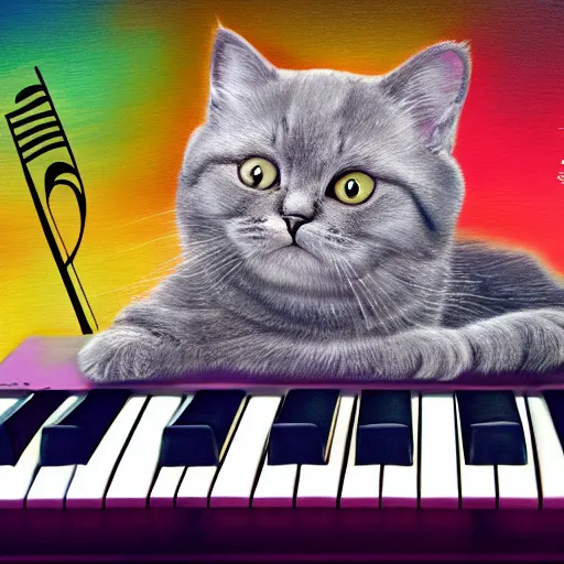 Image similar to cute fluffy grey british short hair cat with background of curved piano keys and musical notes colorful detailed oil painting 4 k