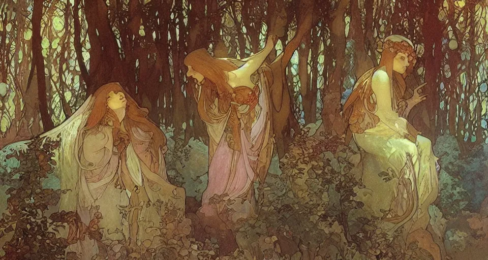 Image similar to Enchanted and magic forest, by Alfons Maria Mucha