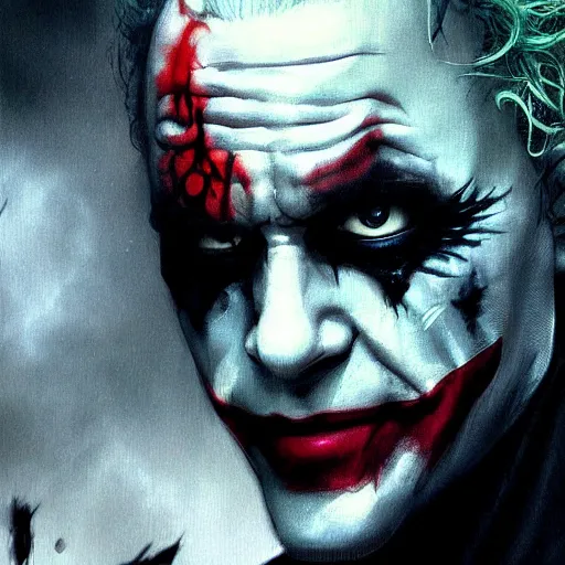 Image similar to heath ledger joker, darkwave, darksynth, character portrait, sharp, digital matte painting, art by luis royo, greg rutkowski, wlop, dramatic lighting, trending on artstation