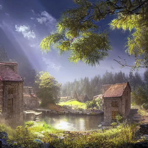 Prompt: a georgian village next to a pine forest, with a fishpond and courtyard, blue sky, sunny, detailed, volumetric, cinematic lighting, realistic, digital art by greg rukowski