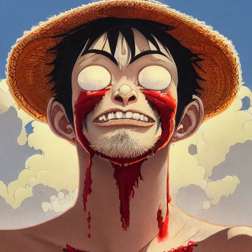 Image similar to highly detailed vfx portrait of monkey d. luffy, stephen bliss, greg rutkowski, loish, rhads, beeple, makoto shinkai, tom bagshaw, alphonse mucha, global illumination, sharp focus, art by artgerm and greg rutkowski, stanley kubrick, best of behance, cinematic lighting, frowning, mouth closed,