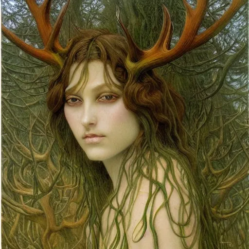 Image similar to a mysterious forest goddess with green eyes and antlers, moodym creepy, portrait, muted colors, highly detailed, intricate artwork, beautiful oil painting by Jean Delville