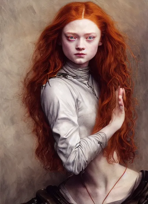 Image similar to sadie sink portrait demon half human, elegant, wearing a bomber jacket, armor, hyper realistic, whitehorns, extremely detailed, dnd character art portrait, fantasy art,, dramatic lighting, vivid colors, artstation, by edgar maxence and caravaggio and michael whelan and delacroix, lois van baarle and bouguereau