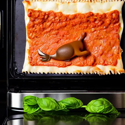 Image similar to platypus wearing a chef hat while putting a lasagna in an oven, with three basil leaves over the lasagna