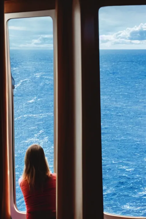 Image similar to a person looking out from a window in a cruise ship cabin