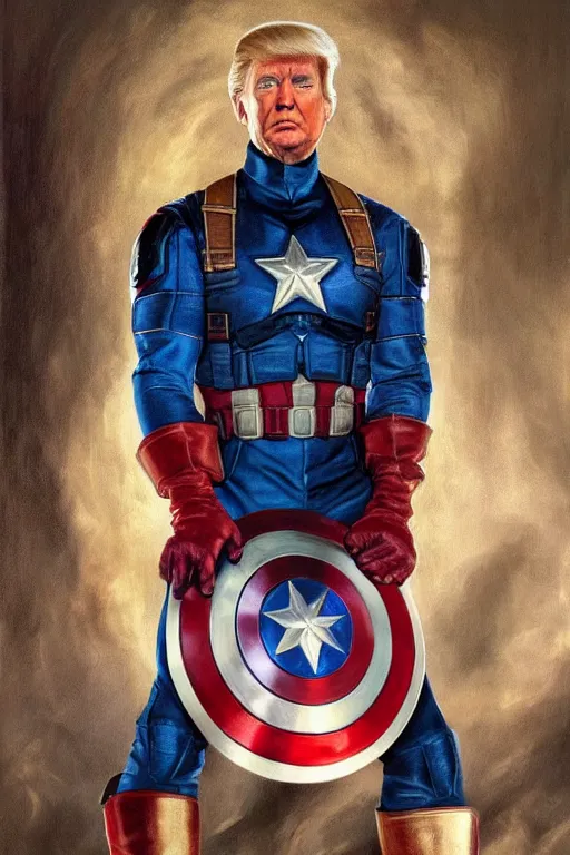 Image similar to hyperrealistic painting of Donald Trump as Captain America, D&D, fantasy, photorealism, accurate depiction, intricate, elegant, highly detailed, digital painting, post processing, extremely detailed, face symmetry, artstation, concept art, matte, smooth, sharp focus, illustration, art by Artgerm and Greg Rutkowski and Alphonse Mucha, oil painting, 8k