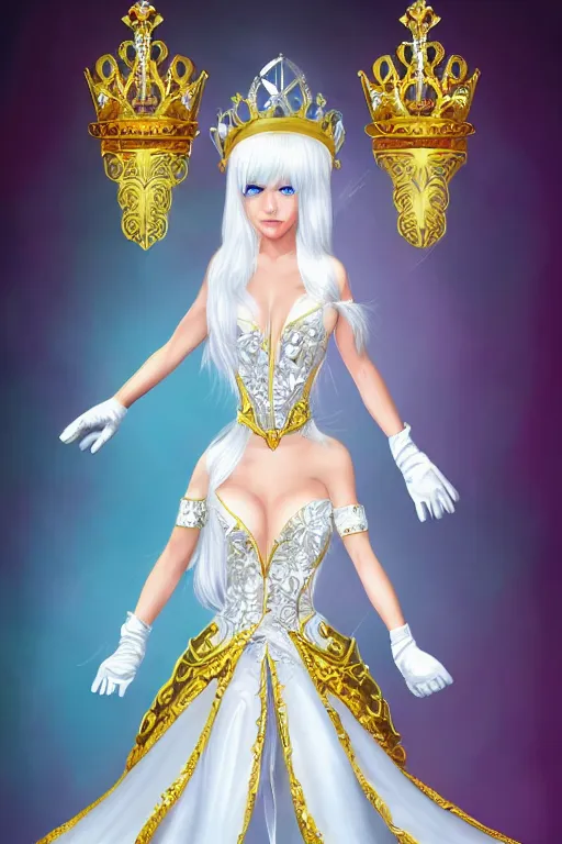 Image similar to Beautiful Queen!!, white long hair, sky blue eyes, tight white silk dress, white long gloves, bear foot, crown made of gold and diamonds, intricate, fantasy, elegant, artstation, hard focus vivid colours