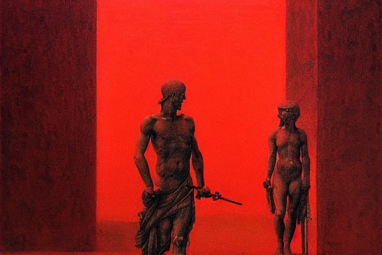 Image similar to only with red, caesar after war, a red tiger, in hoc signo vinces, rome in background, an ancient path, in the style of beksinski, part by hopper, part by rodcenko, part by hofbauer, intricate composition, red by caravaggio, insanely quality, highly detailed, masterpiece, red light, artstation