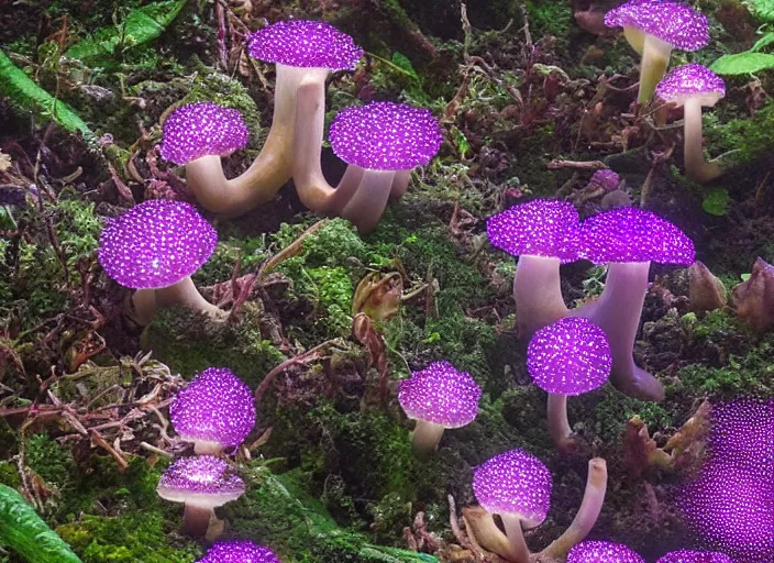 Image similar to glowing delicate flower and mushrooms that grow in fatansy forest on the planet Pandora,