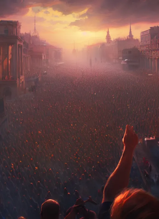 Image similar to painting of a crowd with raised arms pointing towardб demonstration, cinematic view, epic sky, detailed, concept art, low angle, high detail, warm lighting, volumetric, godrays, vivid, beautiful, trending on artstation, by jordan grimmer, huge scene, art greg rutkowski