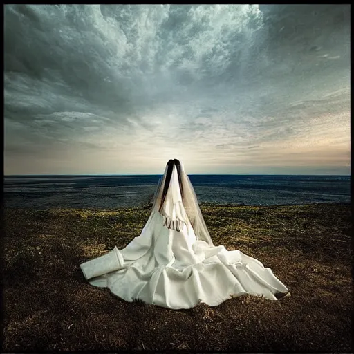 Image similar to Southern Gothic scene of a bride looking the distant shore, painted by Michal Karcz