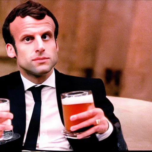 Image similar to Emmanuel Macron drinking beers in American Psycho (1999)