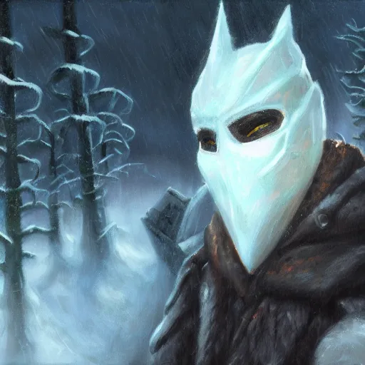 Prompt: fantasy snow bandit ‘ icewind dale ’ with mask, snow scene, ‘ icewind dale 2 ’ profile portrait by ‘ justin sweet ’, falling snow, soft focus, oil paint