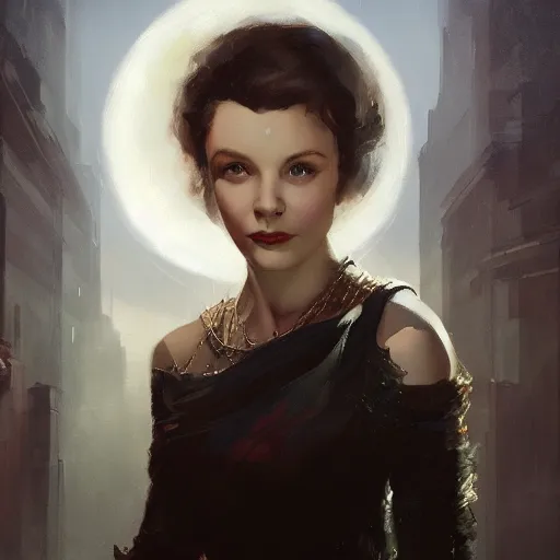 Image similar to closeup portrait of a young vivian leigh, dramatic lighting, city background, night, moon, chiaroscuro, high detail, painted by greg rutkowski, painted by igor kieryluk, painted by bobby chiu, trending on artstation