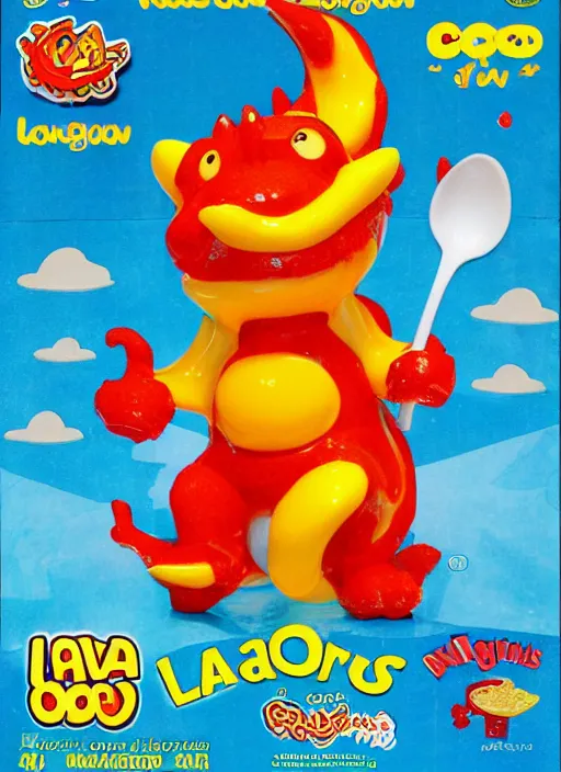 Image similar to lava - os cereal box front, cereal that tastes like lava, dragon mascot, high quality upload, 2 0 0 8